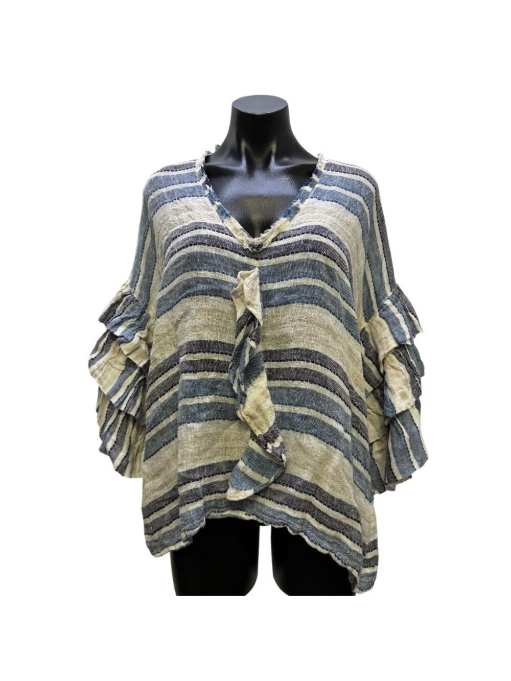 NWT Linomania Linen Blouse Blue Cream Striped Ruffle Sleeve Size L